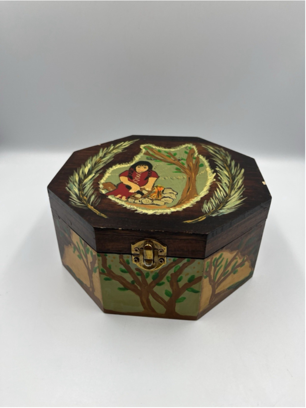 Vintage Black NATIVE AMERICAN FOLK ART Wood Box Rare find HAND PAINTED SEE ALL